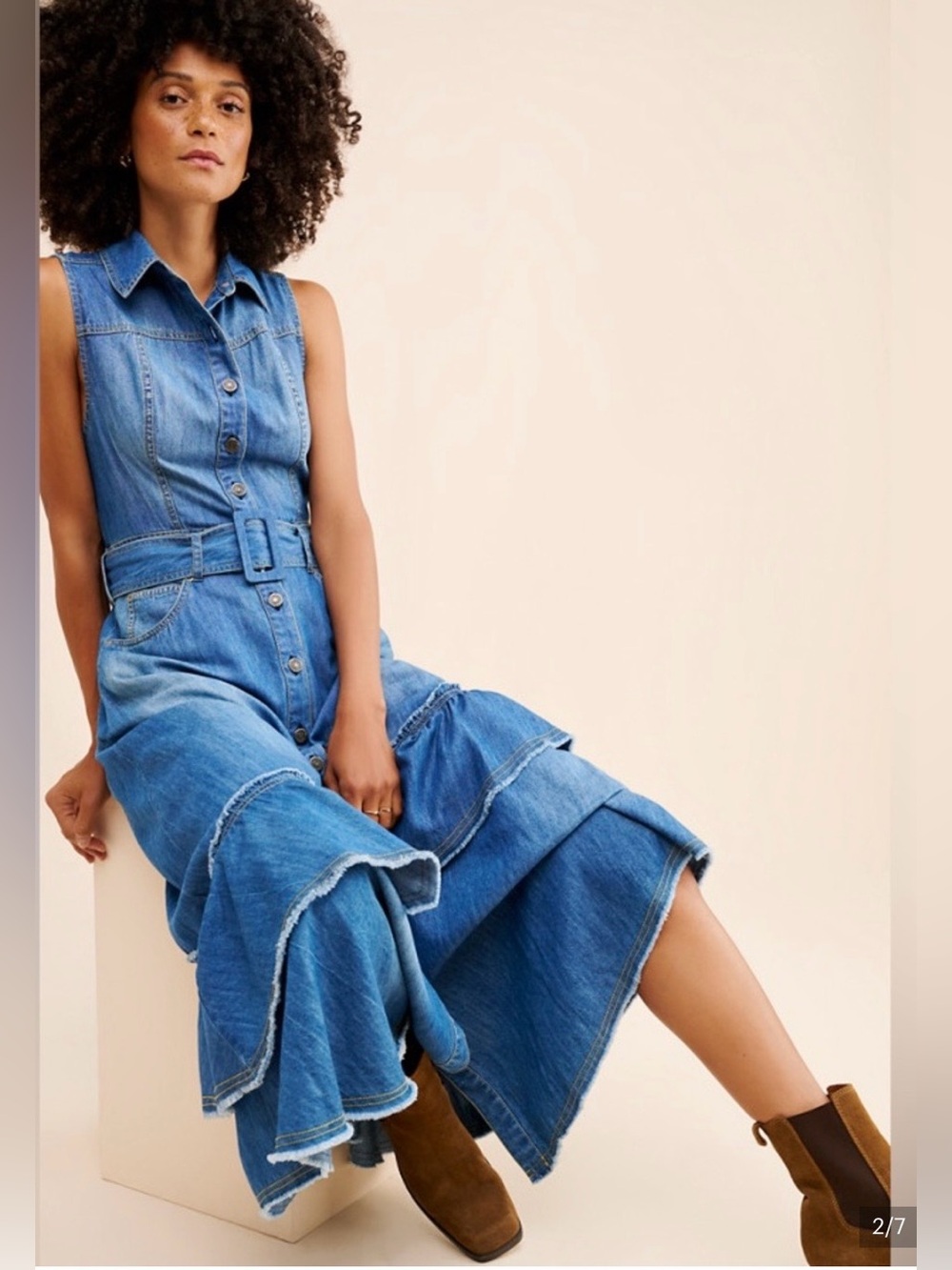 Free People Beau Midi denim asymmetrical tiered dress medium like new - Picture 4 of 16